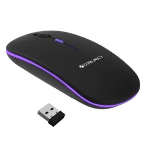 zebronics blanc slim wireless mouse with rechargeable battery, bt + 2.4ghz, 4 buttons, 800/1200/1600 dpi, silent operation, multicolor led lights