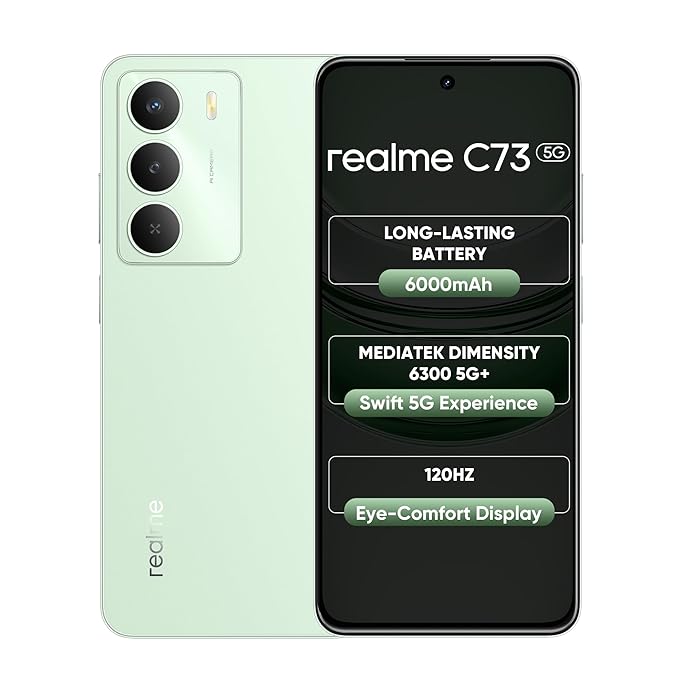realme c73 5g smartphone 4+64gb jade green, 6.67 inch screen, 120hz display,6000mah battery, 40mp camera, mediatek dimensity 6300 processor, ip64 realme c73 5g smartphone 4+64gb jade green, 6.67 inch screen, 120hz display,6000mah battery, 40mp camera, mediatek dimensity 6300 processor, ip64